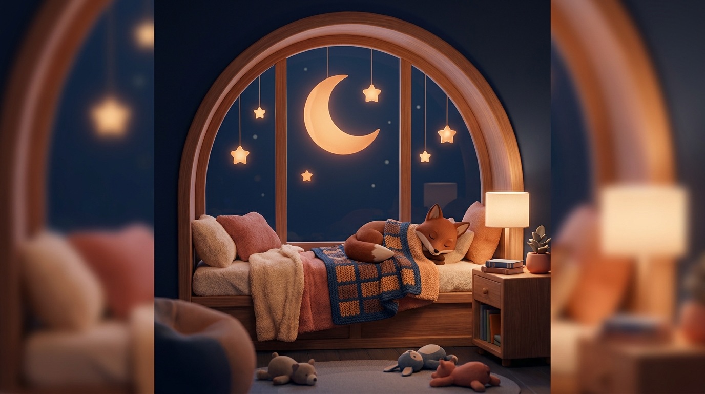 A calm nighttime bedroom with a crescent moon and a sleepy fox
