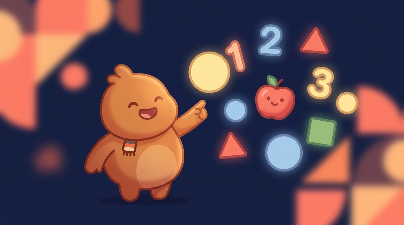 A friendly character with floating numbers, shapes and an apple