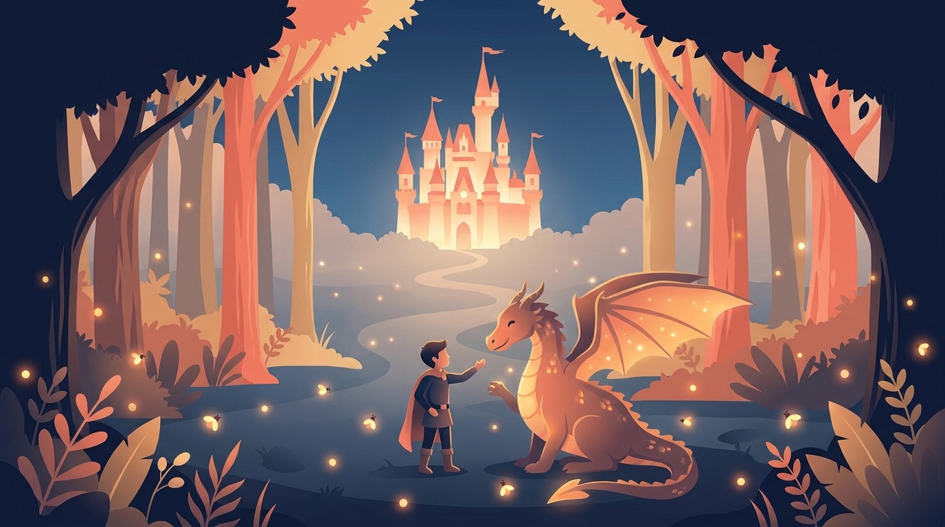 An enchanted fairy-tale forest with a glowing castle, a young hero and a friendly dragon