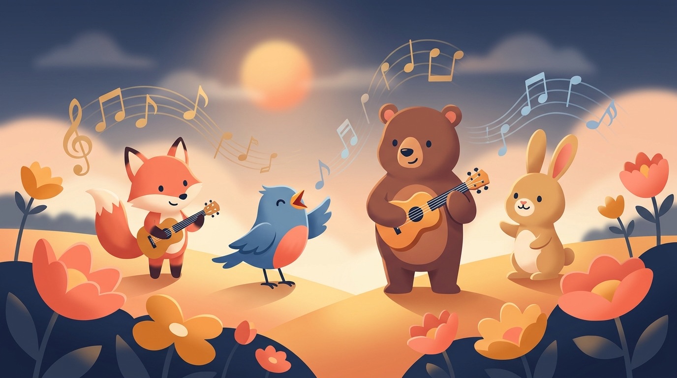 Cartoon animals singing together in a sunny meadow