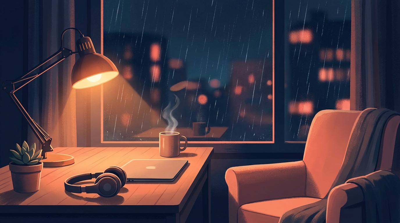 A cozy night study room with a lamp, headphones and rain on the window