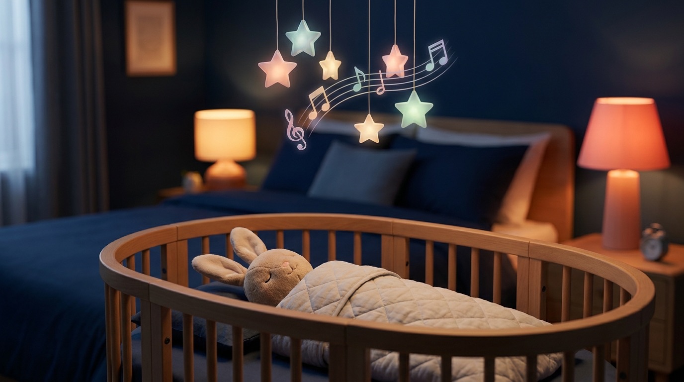 A sleeping baby bunny in a crib under soft stars