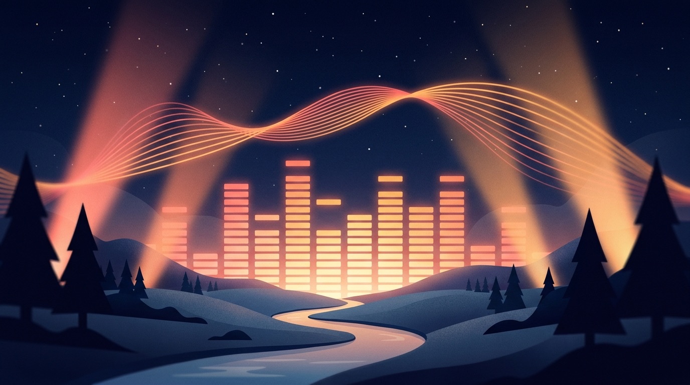 A glowing equalizer and sound waves over a dreamy night landscape