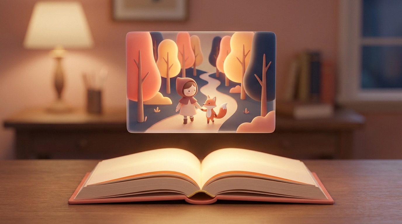 An open storybook with a child and a fox in a magical forest